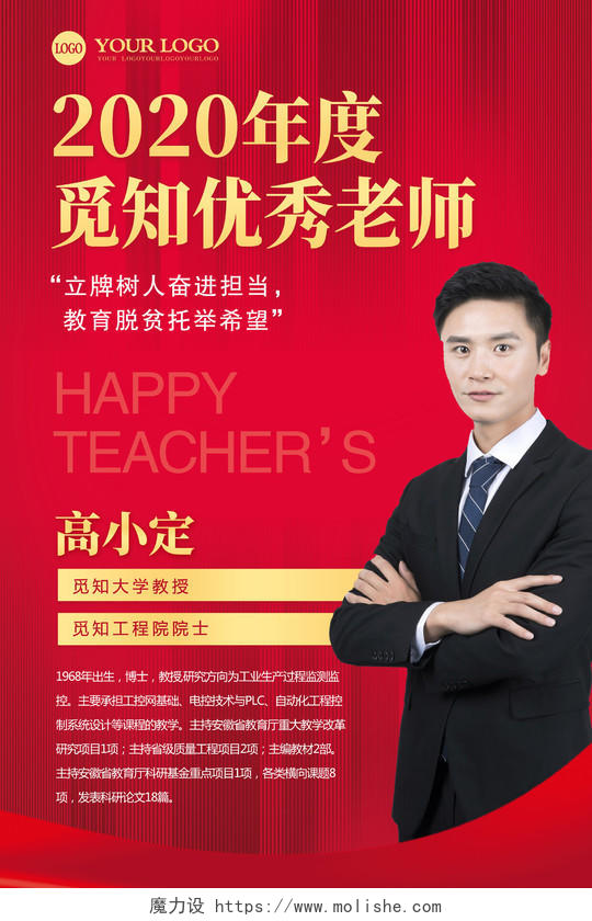 红色2020年优秀老师评定介绍教师节教授海报